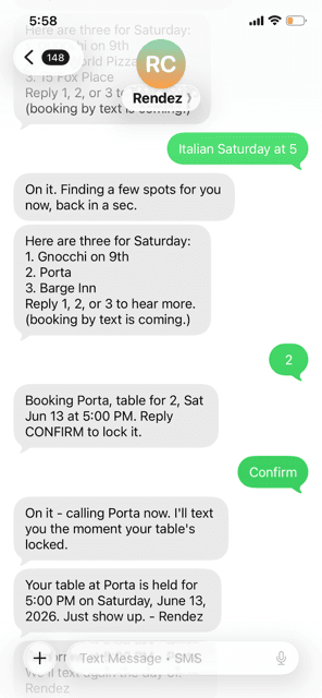 A member texting Rendez to plan an Italian dinner, Rendez offering a few nearby spots, then confirming the table is booked