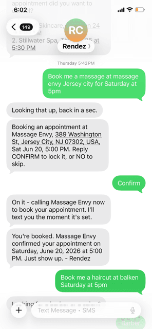 A member booking a massage appointment by text, and Rendez confirming the appointment is set